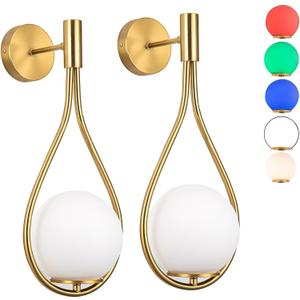 Pack Wall Sconces/Wall Lights, Not Hardwired Brass Gold -White Glass Globe Wall Lamps, Wireless Light Fixture for Bedroom, Living Room, Bathroom, Hallway (GD)