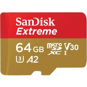 SANDISK 64GB Extreme microSDXC UHS-I Memory Card with Adapter - C10, U3, V30, 4K, 5K, A2, Micro SD Card - SDSQXAH-064G-GN6MA