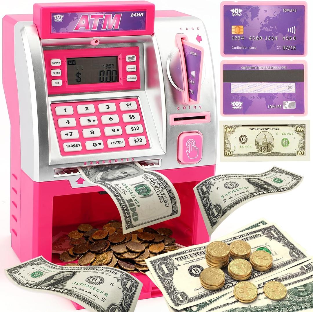 Kids Bank ATM Piggy Bank for Kids - Electronic Digital Money Counter with Code Lock - Mini ATM Machine for Real Money - Smart Savings Bank with LCD Display (Pink)
