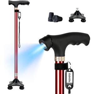 Telescopic Walking Cane with LED Light,2-in-1 Single/Quad Base Senior Mobility Aid,Adjustable Height Non-Slip TPR Pad Aluminum Walking Stick,Wine Red