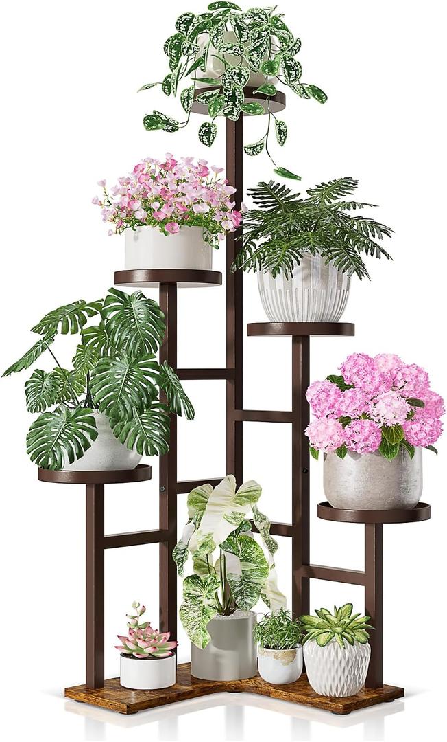 5 Tiered Corner Plant Stand with 7.1 Inch Wide Tray,Tall Plant Stand for Corner Indoor, Metal Plant Shelf Outdoor for Patio Office LivingRoom - BrownDisk
