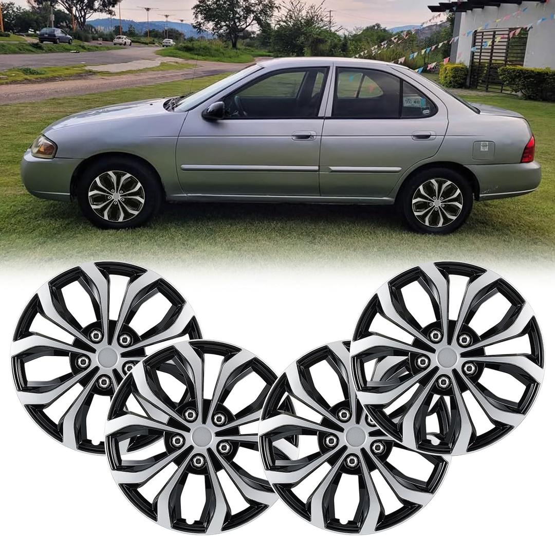 14 Inch Universal Hubcaps Wheel Covers Replacement for Cars, Silver & Black Color R14 Hub Caps Universal Wheel Rim Cover Snap On Car Truck SUV - Set of 4
