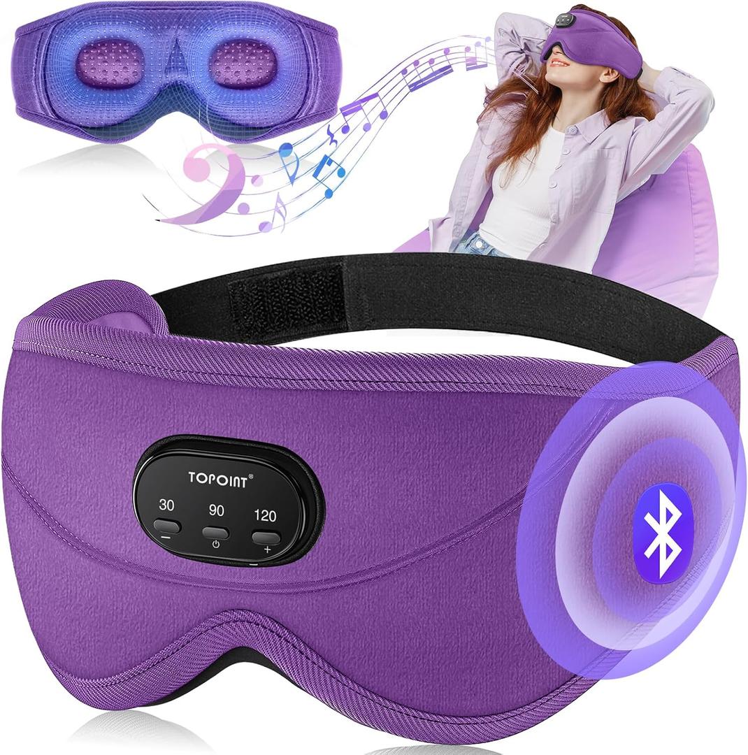 TOPOINT Sleep Mask with Bluetooth Headphones, 3D Eye Mask for Sleep Headphones with White Noise, Total Blackout, 5.4 Bluetooth, Timer, 15 Hours for Women Men, Travel, Meditation, Nap, CPAP Users