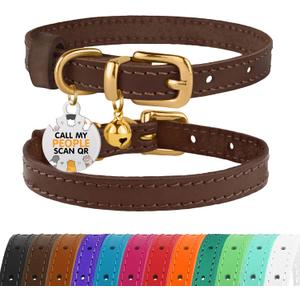BRONZEDOG Leather Cat Collar with Removable Bells Non Breakaway Kitten QR Tag for Girl Boy (7" - 9" for Cats, Dark Brown & Gold)