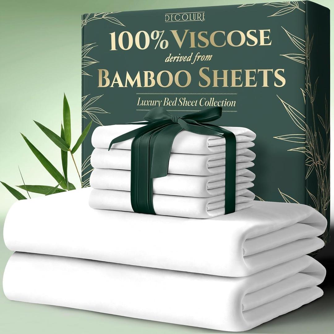 DECOLURE 100% Viscose Derived from Bamboo Sheets Queen Size 6pcs - Ultra Soft & Luxuriously Cooling, 17" Deep Pocket, Double Stitching, Perfect for Hot Sleepers - Queen Bed Sheets (White)
