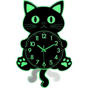 JoFomp 20 Inch Wooden Cat Clock with Moving Tail, Glow in The Dark Wall Clocks Battery Operated, Large Wall Clocks for Living Room Decor, Silent Wall Clock for Bedroom Night Glow, Lighted Wall Clock