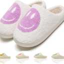 Cute House Slippers for Women Men with Memory Foam Retro Happy Face Cozy Indoor Outdoor Fuzzy Plush Shoes (6.5-7.5 Women/6-7 Men, Purple)