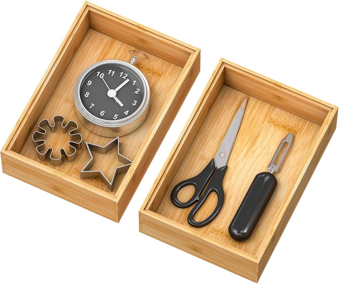 Bamboo Kitchen Drawer Organizer,Stackable Silverware Tray Utensil Organizer Cutlery Holder for Kitchen,Wooden Storage Box for Bathroom, Multi-Use Storage Bins Boxs Dividers for Office(9x6x2.5 inch