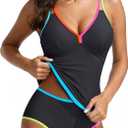 Blooming Jelly Womens Tummy Control Tankini Swimsuits Color Block Bathing Suit V Neck Two Piece Swimwear with Shorts (Medium, Black)