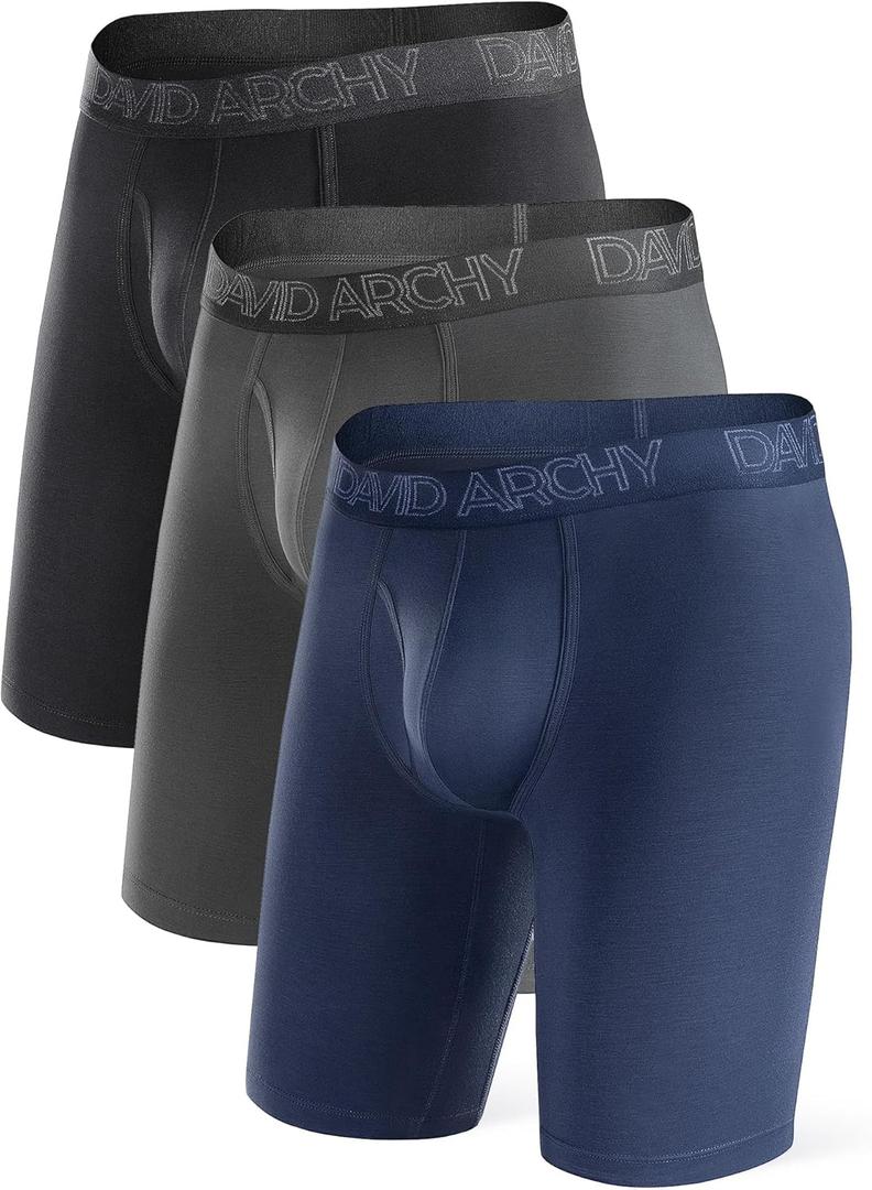 DAVID ARCHY Mens Underwear Boxer Briefs Breathable Soft Moisture-Wicking with Fly Underwear Long Leg 8" for Men 3 Pack (L, Black/ Dark Gray/ Navy Blue - 8" in 3 Pack)