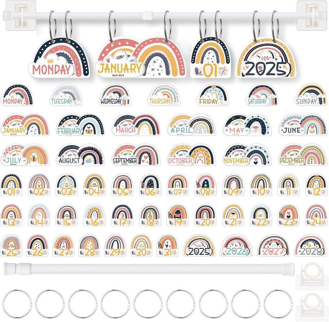 Flip Calendar Bulletin Board Set with Holder Includes 54 Date Cards Back to School Calendar Bulletin Board for Classroom Home Wall Chalkboard Decor(Rainbow)