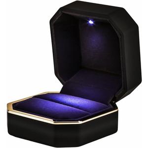Luxury Ring Box, Square Velvet Wedding Ring Case Jewelry Gift Box with LED Light for Proposal Engagement Wedding, Black