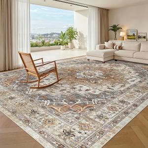 Madane Washable Rug 8x10 Area Rugs for Living Room, Ultra-Thin Non-Slip Backing Rug, Stain Resistant Vintage Large Area Rug for Bedroom (Turmeric/Grey, 8'x10')