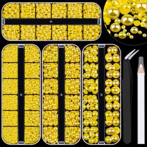 4 Boxes Flat Back AB Pearls Kit 8 Flatback Lemon YellowAB Half Round Pearls 3-10mm with Pickup Pencil and Tweezer for Home DIY and Professional Nail Art, Face Makeup and Craft