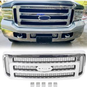 ECOTRIC Grille Assembly Compatible With 2005-2007 Ford SuperDuty F250 F350 F450 F-250 F-350 F-450 Excursion Chrome With Gray Honey Comb Replacement for FO1200456 5C3Z8200BAA(Without Emblem)
