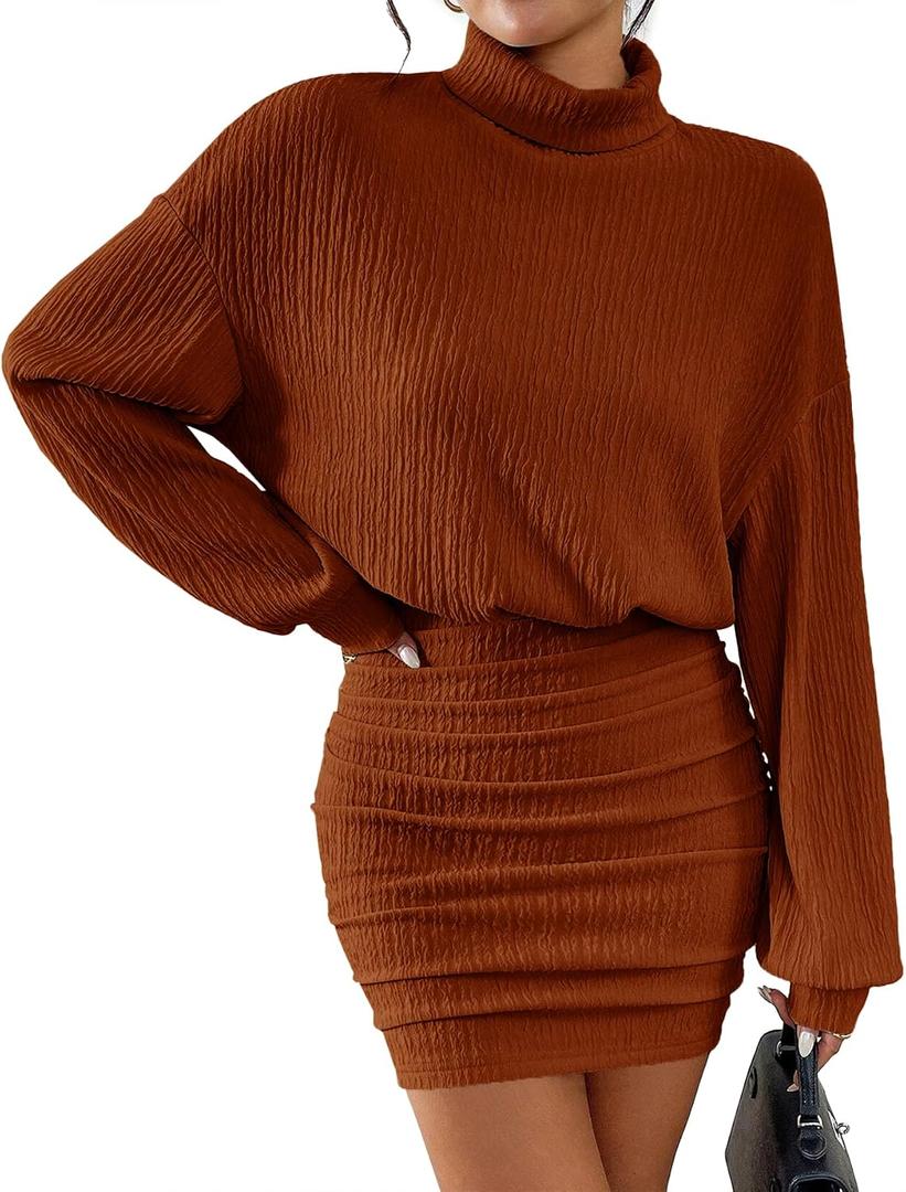 MITILLY Long Sleeve Mini Dress for Women Formal Wedding Party | Long Sleeve Dress, Pullover Turtleneck, Bodycon Ruched, Short Mini Dresses, for Wedding, Cocktail, Prom (M)