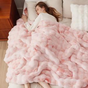 Bedsure Fluffy Faux Fur Throw Blanket Fuzzy Soft Bubble Blanket for Couch Bed Sofa Chair, Faux Fur Decor Gifts for Home Bedroom Living Room, Thick Warm Furry Cozy Gifts for Women, Pink, 50x70 Inch