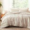 Luxudecor Beige Tufted Comforter Set King Size 3 Pieces Boho Shabby Chic Comforter Farmhouse Embroidery Bed Set Soft Comforter for All Seasons (Beige, 104''x90'')