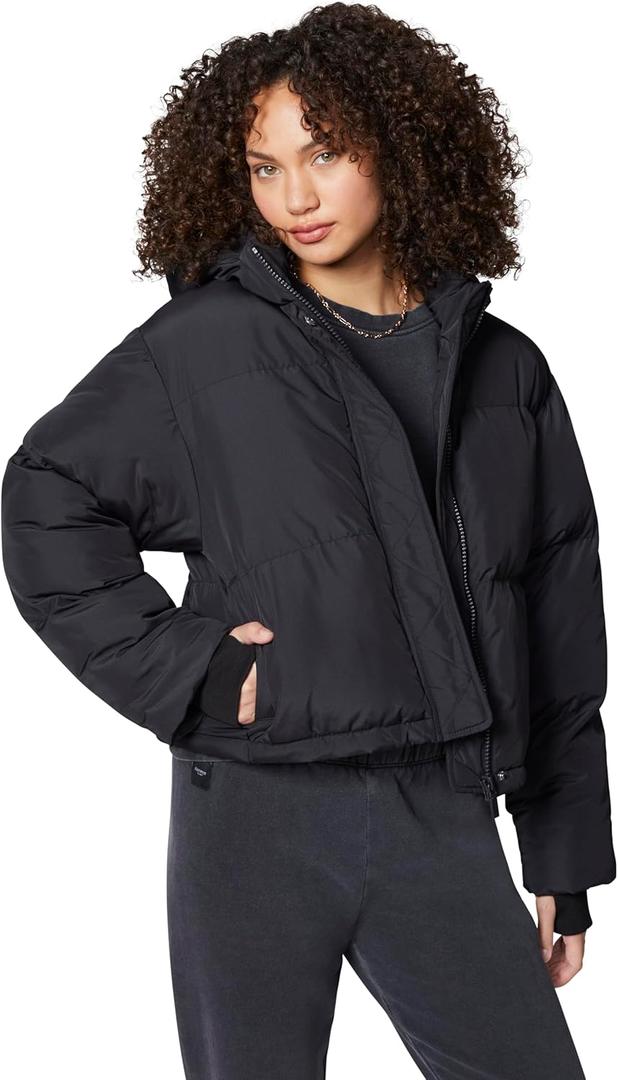 Florence by Mills Womens Short Hooded Puffer Coat (X-Large, Black)