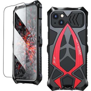 Armor Phone Case for iPhone 15 Military Grade Drop Tested 360 Full Protection Cover Heavy Duty Hybrid Metal Bumper Built-in Silicone Shockproof Dustproof with Screen Protector - Red