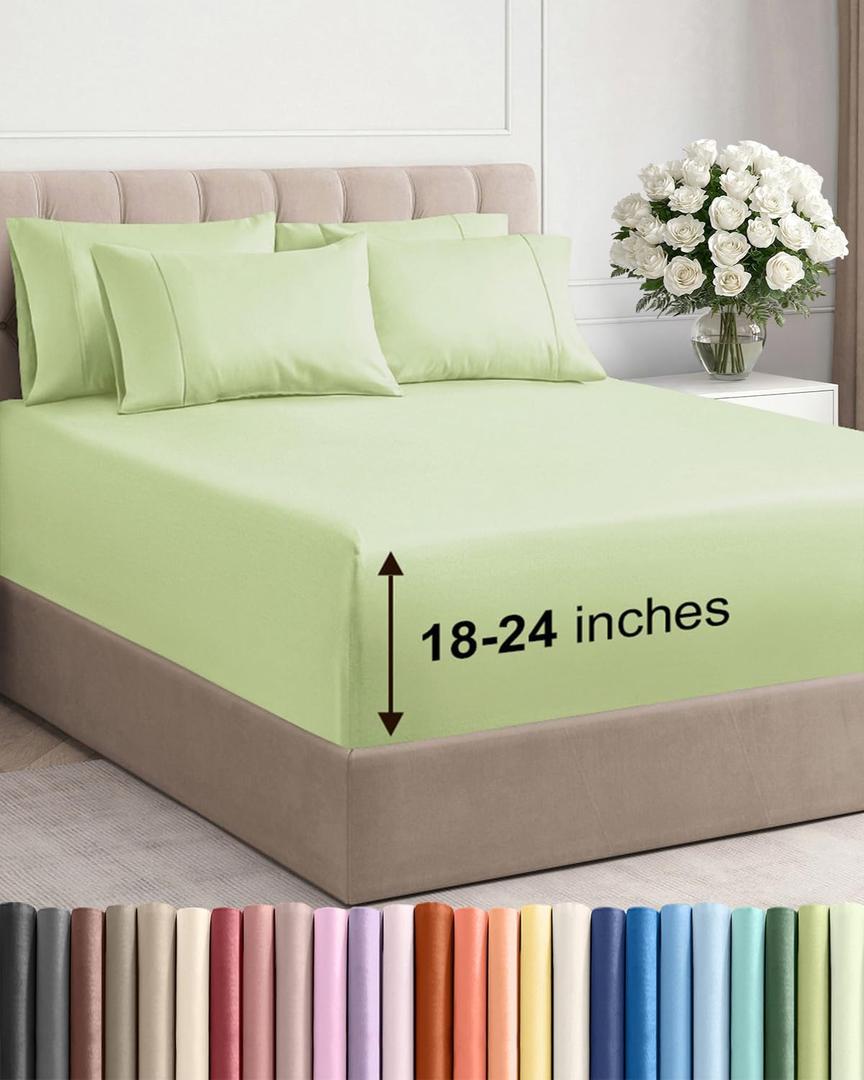 Extra Deep Queen Sheet Set - 6 Piece Breathable and Cooling Sheets - Hotel Luxury Bedding for Women, Men, Kids & Teens - Easy Secure Fit - Soft, Wrinkle Free & Comfy - Extra Deep Pockets - Light Sage