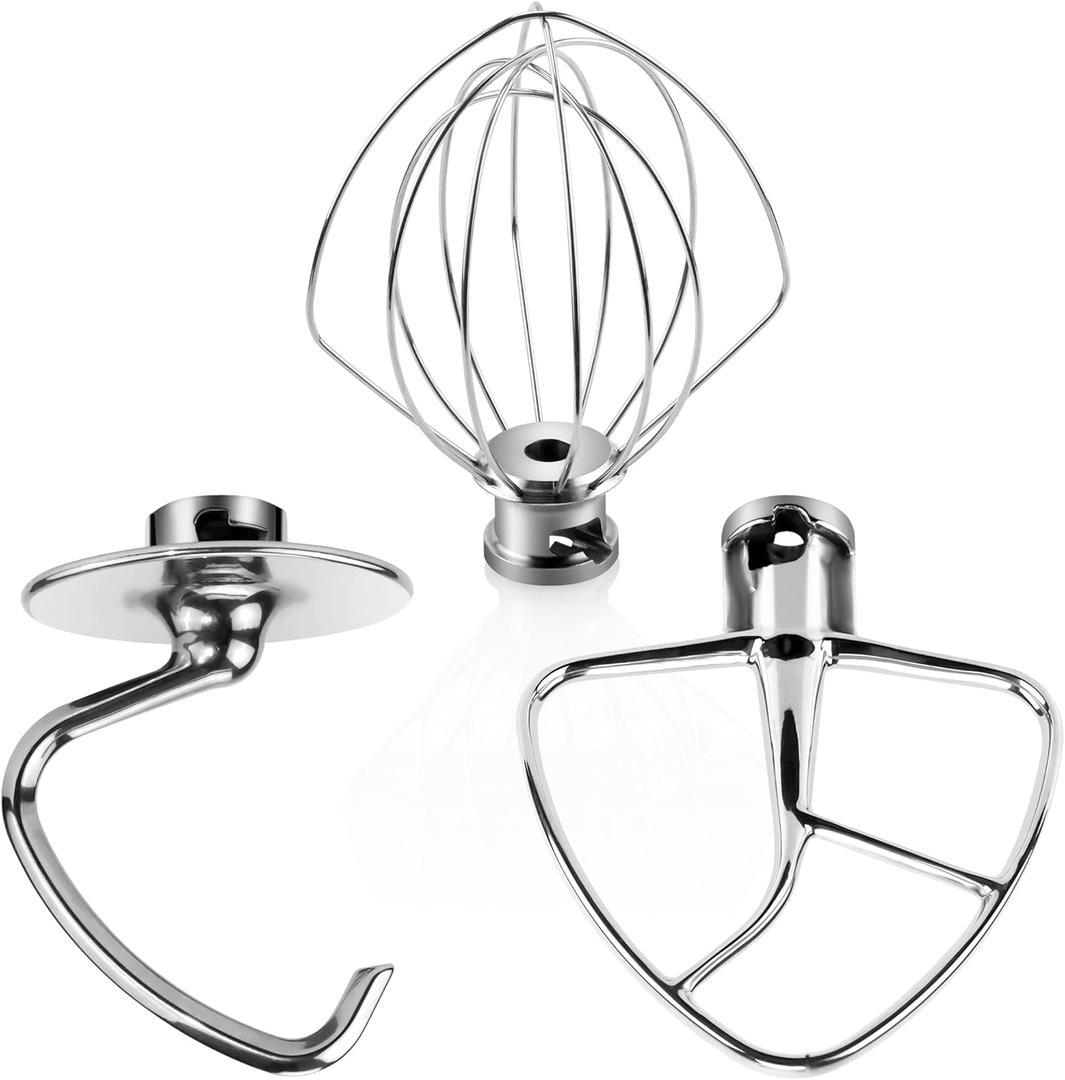 Stainless Steel Attachments for Kitchen Aid 4.5-5 QT Tilt-Head Stand Mixers,3-Piece Mixers Accessories with K45WW Wire Whip, K45DH Dough Hook, K45B Flat Blade Paddle by TOMOON