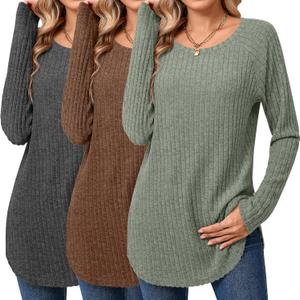 Ficerd 3 Pack Women's Curved Hem Long Sleeve Sweaters, Side Split Crew Neck Tunic Tops Loose Fit Shirts Basic Pullover (Medium, Bean Green, Brown, Dark Gray)
