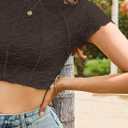 Women's Short Sleeves Y2K Mock Neck Crop Top Lace Mesh Solid Color Knit Textured Casual T-Shirt (Brown, XS)