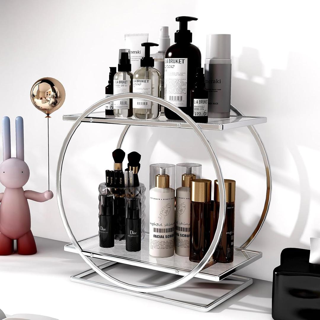 YGJT Bathroom Counter Organizer, 2 Tier Perfume Organizers for Dresser, Makeup Organizer Countertop for Vanity, Skincare Organizers Perfume Holder Tray Cosmetic Display Rack, Gifts for Women(Silver)