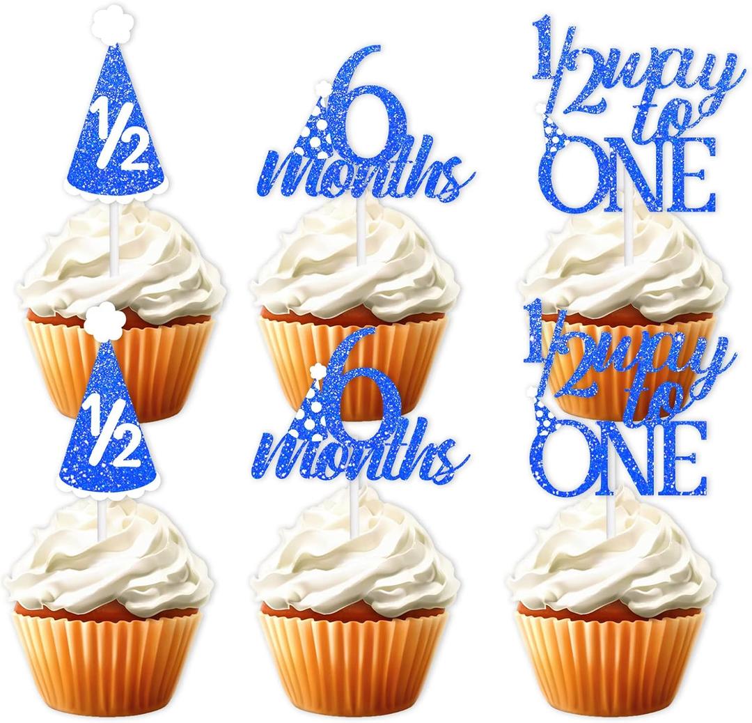 18pcs Blue Glitter 6 Months Dessert Cupcake Topper Cheer to 1/2 Way to One Theme Decor Supplies Baby Shower Boys Girls Happy Half Birthday Party Decorations