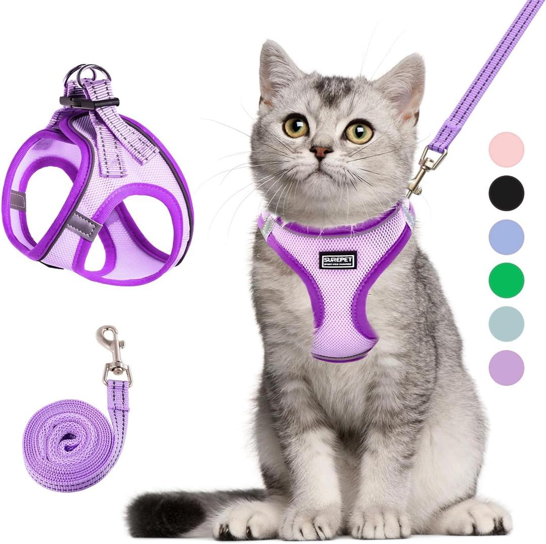 Cat Harness and Leash Set, Soft and Breathable Vest with Reflective Strip, Escape Proof Kitten Harness, Easy to Wear for Cats Walking and Traveling (Purple, XXS) (XXS (Chest:10''-11''))