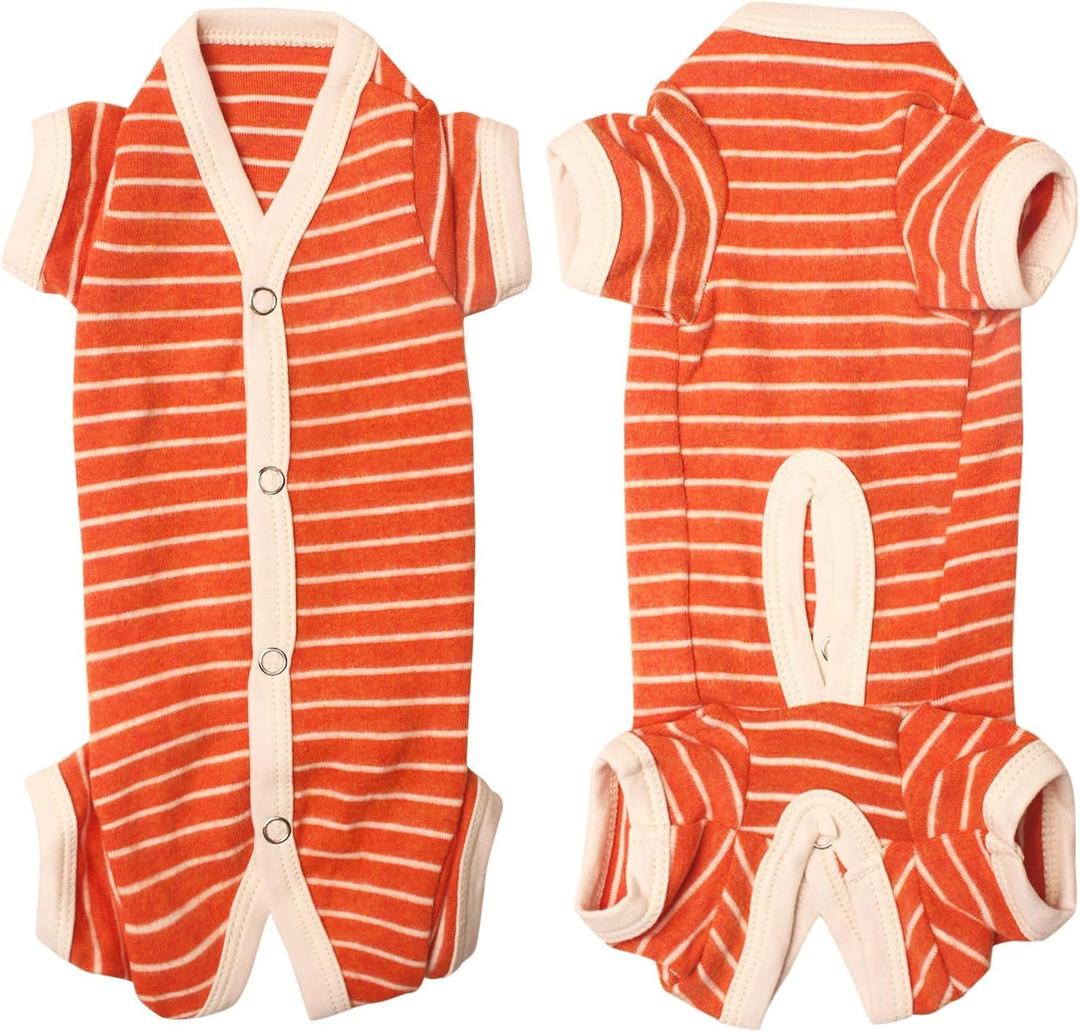 Female/Male Pet Dog Pajamas Stripes 4 Legged Dog pjs Jumpsuit Soft Cotton Dogs Clothes (L Orange+White-Boys)