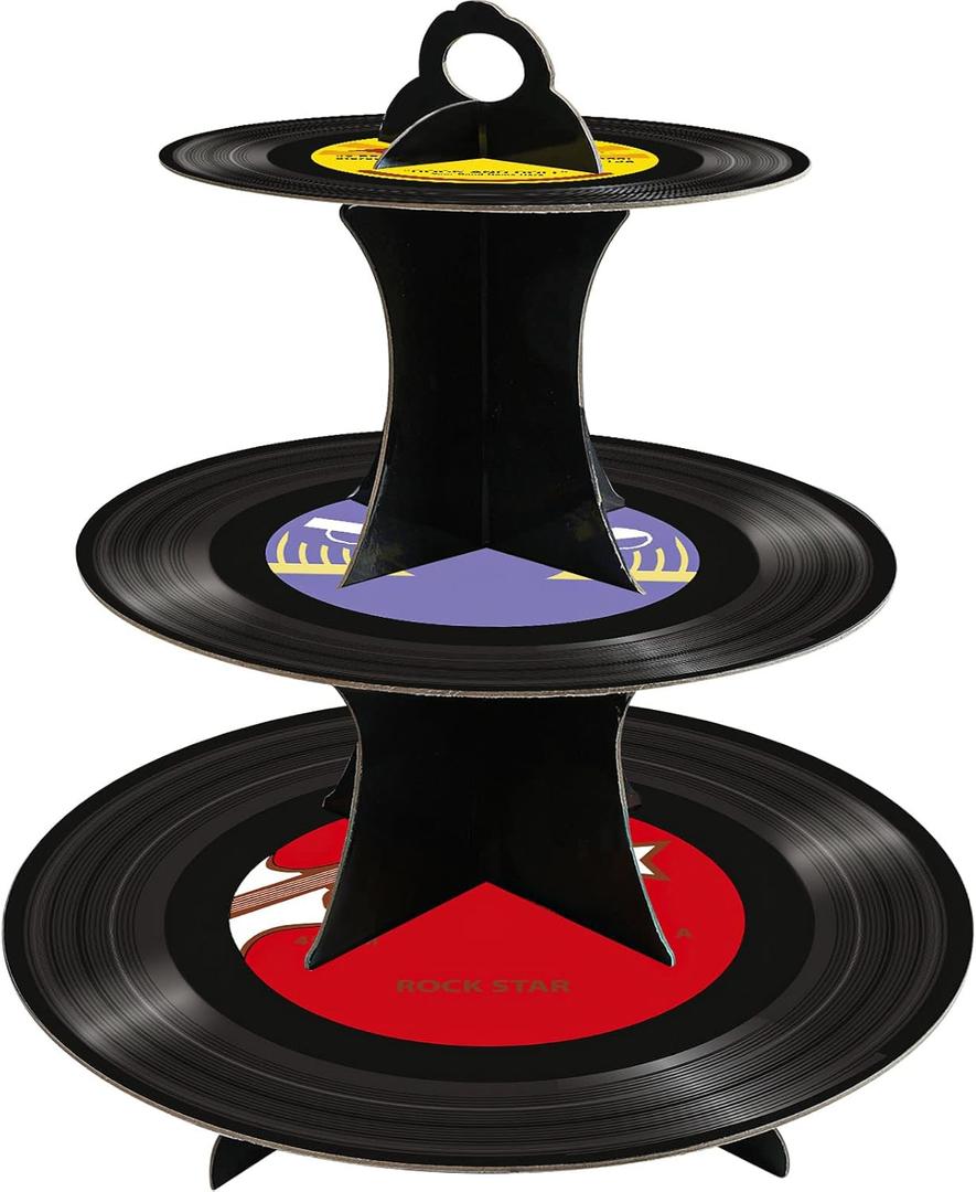 1950's Rock and Roll MusicTheme, 3-Tier Paper Record Cake Stand Cupcake Tower for 8-12 Cupcakes Perfect for 50's Theme Party Music Party Birthday Party Supplies, Gift for Music Lover