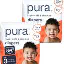 Pura Baby Diapers Size 3 (16-28 lbs) 32 Count Sensitive Skin | 12 Hour Leak Protection, New Blowout Blocker, Cloud Soft, Totally Chlorine Free*, Allergy UK Certified