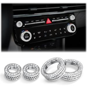 4PCS Crystal Knob Cover Trim Set - Zinc Alloy Rhinestone Interior Bling Accessories, Stylish Control Knob Caps Compatible with 2024-2026 Hyundai Santa Fe, 2025-2026 Santa Cruz & Tucson