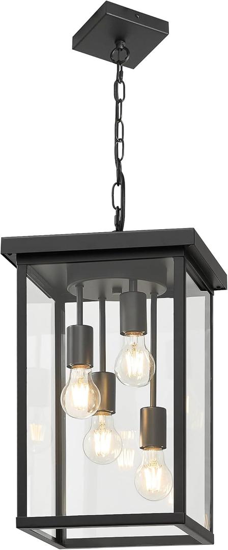 LOUSACE 16.7'' Black Outdoor Pendant Light 4-Light Large Outside Pendant Porch Lights Ceiling Haninging Outdoor Chandelier with Clear Glass Exterior Light Fixtures Lantern for Front Door Foyer Doorway