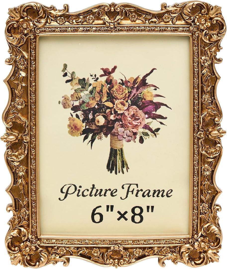 JANDERART Vintage Picture Frame 6x8 Inch, Antique Ornate Photo Frames with Glass Front, Baroque Design, Tabletop & Wall Hanging, Photo Gallery, Gold
