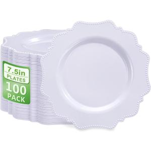 COLOSUS 100pcs 7.5 Inch White Plastic Dessert Plates,Heavy Duty Disposable Appetizer Plates,Premium Plastic Salad Plate,Fancy Disposable Cake Plate for Party, Wedding and Everyday Use