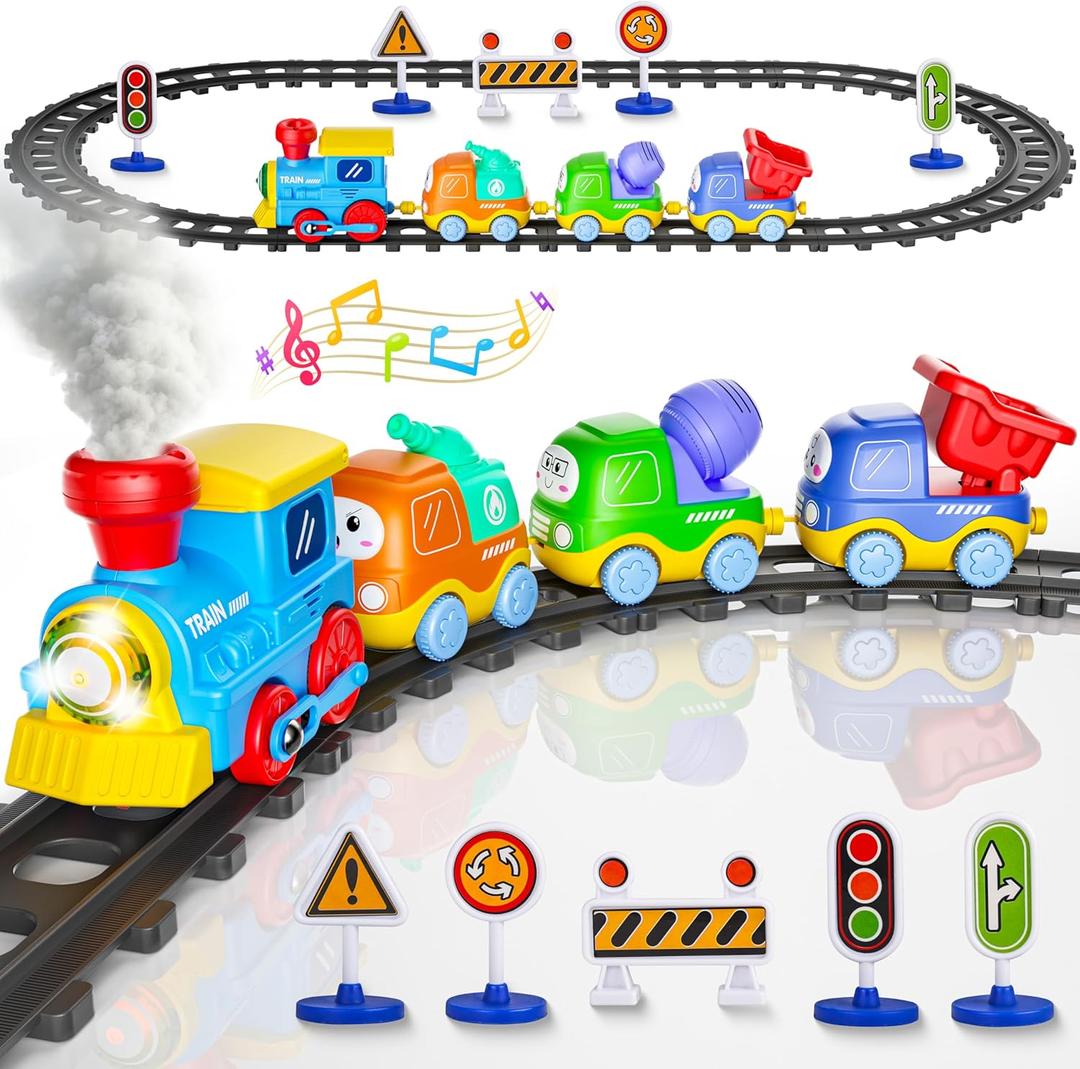 Funwee Steam Track Train Set for Toddlers, Magnetic Connection Train Toys w/Lights & Sounds, Electric Cartoon Choo Choo Train, Toy Train Christmas Birthday Gift for Toddlers 2 3 4 5+ Boy Girl (Blue)