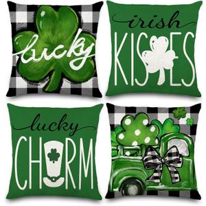 4pcs ST Patrick's Day Pillow Covers 18 x 18 Inch Buffalo Plaid Green Lucky Pillow Cases for St Patrick's Day Decor Shamrocks Throw Pillow Covers for Couch Sofa Home