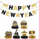 New Year Decorations 2026  Black & Gold Happy New Year Banner with Honeycomb Centerpieces, Glitter NYE Party Decoration Set for Home, Office & New Years Eve Celebrations