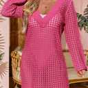Saodimallsu Women Crochet Cover Up Long Sleeve Deep V Neck Hollow Out Sweater Oversized Beach Mini Dress Bathing Suit Coverup (Pink)