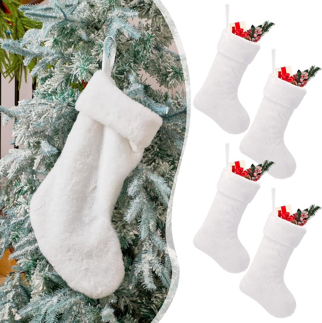JOVITEC 6 Pieces 20 Inch Christmas Stockings Faux Fur Snowy Christmas Stockings Xmas Fireplace Hanging Stocking Candy Gift Bags for Holiday Decorations (Vivid,White)