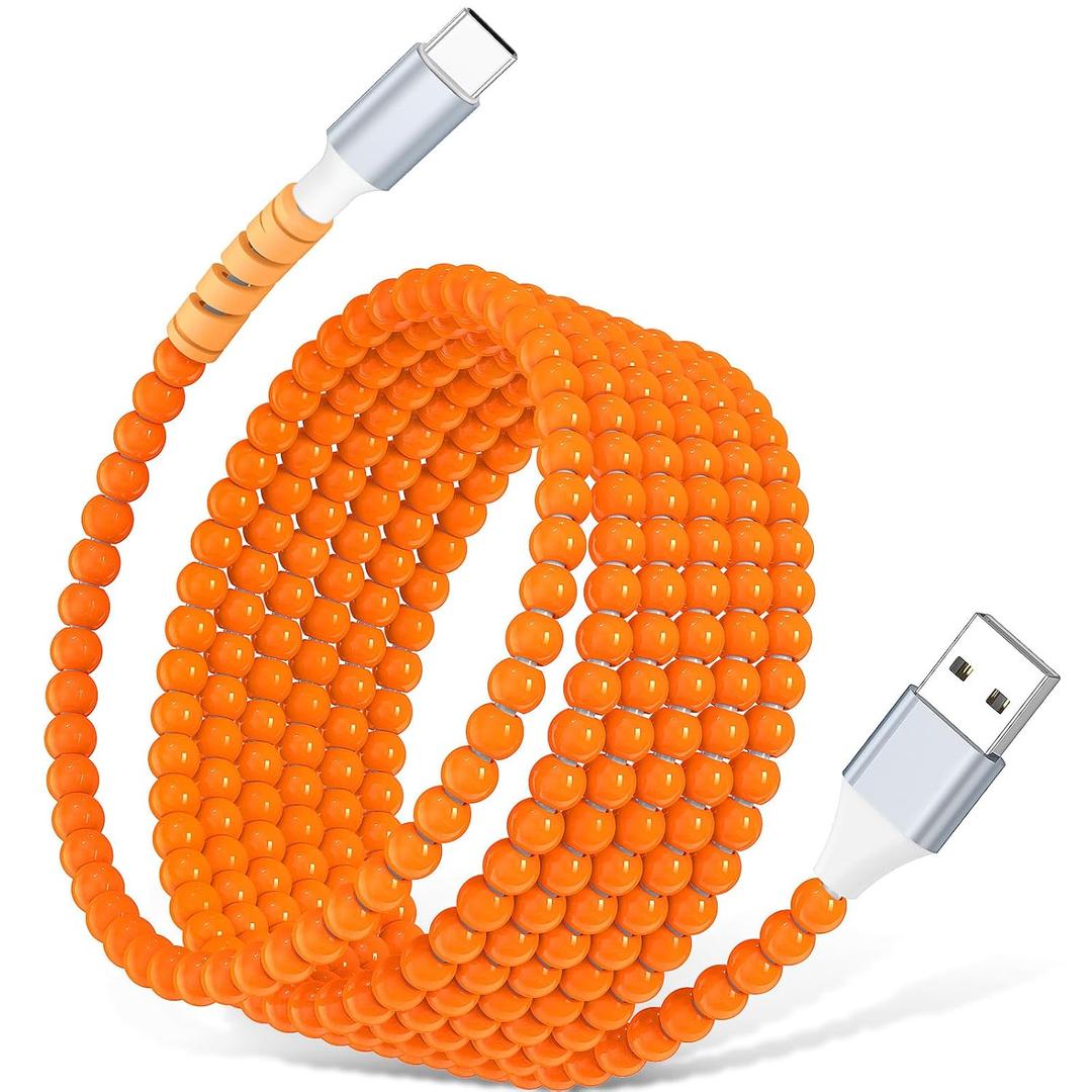 USB A to USB C Cable 6FT,Beaded Phone Charger Cord for iPhone 17 16 Pro Max 16e 15 Car Play,Type C Cute Car Charger Charging Cord for iPad 10 11/Samsung S26 S25 Ultra/Pixel/Android Girls Women,Orange