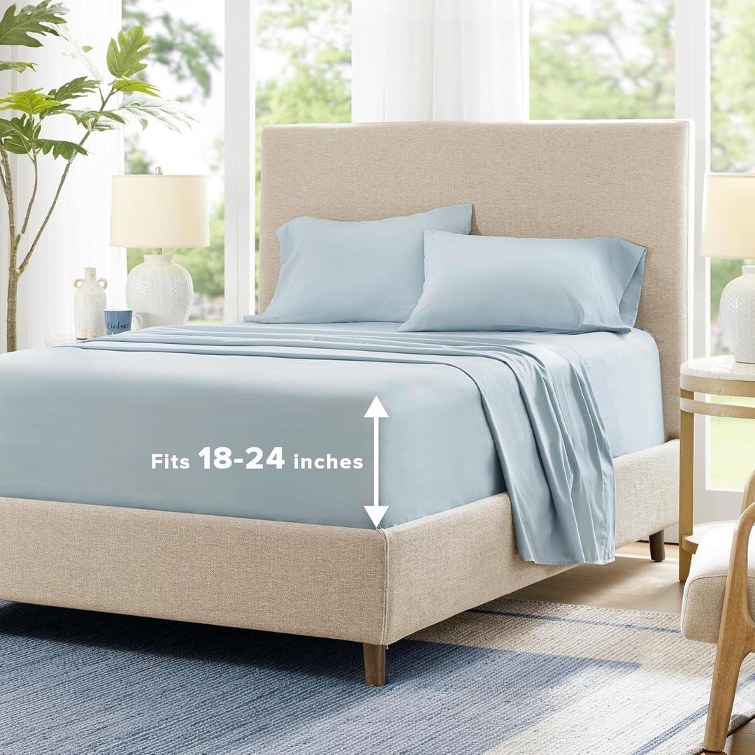 Comfort Spaces Extra Deep Pocket Sheets, Queen Cooling Sheets Fits Up to 24" Mattress, Moisture Wicking Coolmax, Soft, Colorfast Sheet Set, Cooling Bed Sheets for Hot Sleepers, Blue 4 Piece