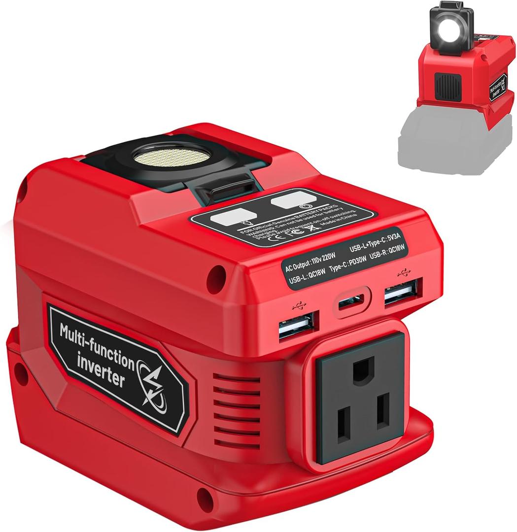 220W Power Inverter Compatible with Milwaukee 18V Battery, DC 18V to AC 110V Portable Power Station with 1 AC Outlet, 2 USB Ports & 1 Type-C Fast Charging, 400LM LED Work Light (1-PACK, Red)