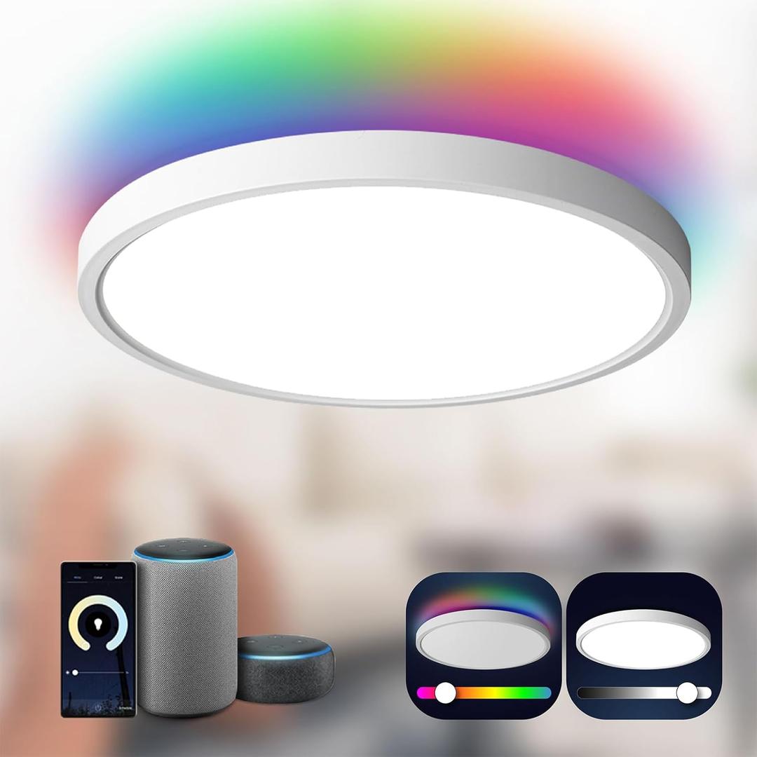 TALOYA Smart Ceiling Light Flush Mount LED WiFi,Compatible with Alexa Google Home,Dimmable Low Profile Ambient Light Fixture for Bedroom Living Room Hallway Kitchen Nursery,12 Inch,RGB (White)