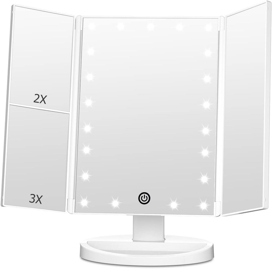 FASCINATE Trifold Vanity Mirror with Lights, Lighted Makeup Mirror 2X/3X Magnification, 21 LED Touch Dimming, Dual Power 180 Rotation Lit Beauty Table Mirror, Make up Mirror with Lighting
