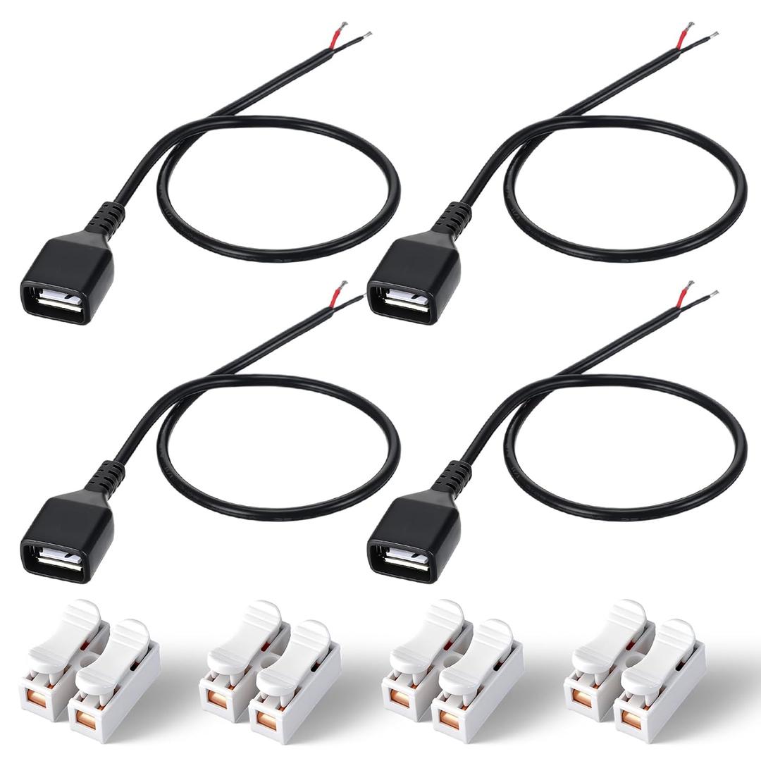 4 Pcs USB Pigtail, 20AWG USB Female with 2-Position Spring Wire Connector 12V 3A 2.0 Female Plug to Bare Wire Open End Cable 2 Pin Charging Cable DIY Power Cables for Replacement