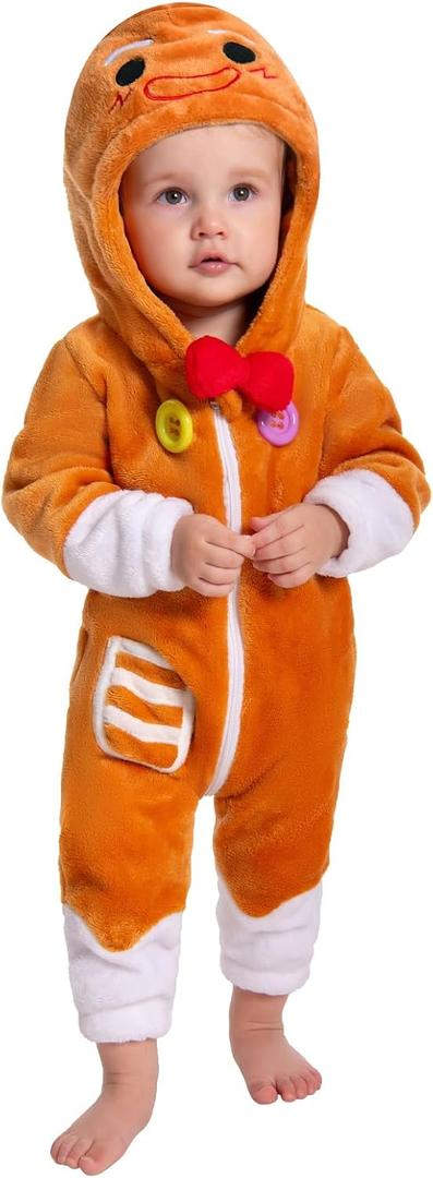 OLAOLA Baby Animal Costume Onesie, Unisex Toddler Romper, Plush Dress Up Infant Outfits Halloween Cosplay Jumpsuit (18-24 Months/Height 32"-35", Gingerbread)